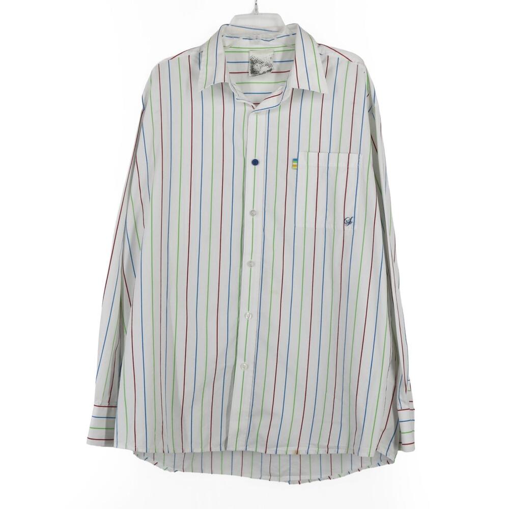 Vintage Southpole Button Up Shirt Mens Medium White Striped Vertical Embroidered